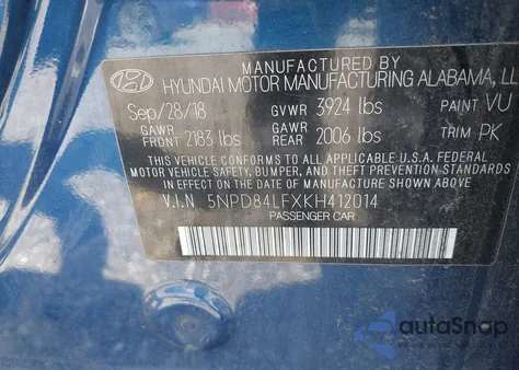 2019 Hyundai Elantra Sel z USA, uszkodzony, nr VIN 5NPD84LFXKH412014